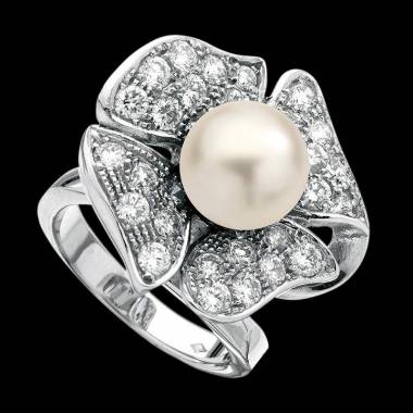 White Pearl Engagement Ring Diamond Paving White Gold Cache Cache 