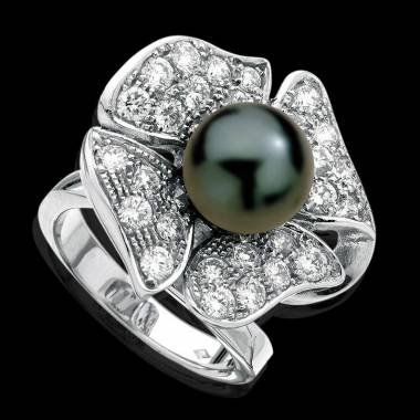 Black Pearl Engagement Ring Diamond Paving Eternal Flower 