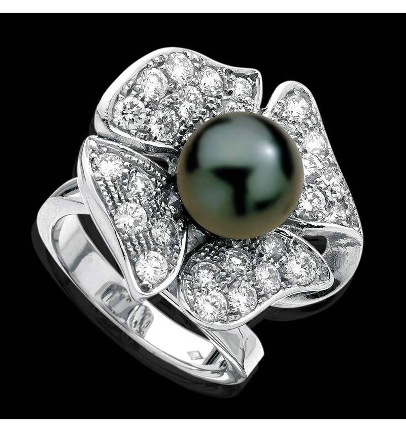 Black Pearl Engagement Ring Diamond Paving Eternal Flower 