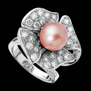 Pink Pearl Engagement Ring Diamond Paving White Gold Eternal Flower  