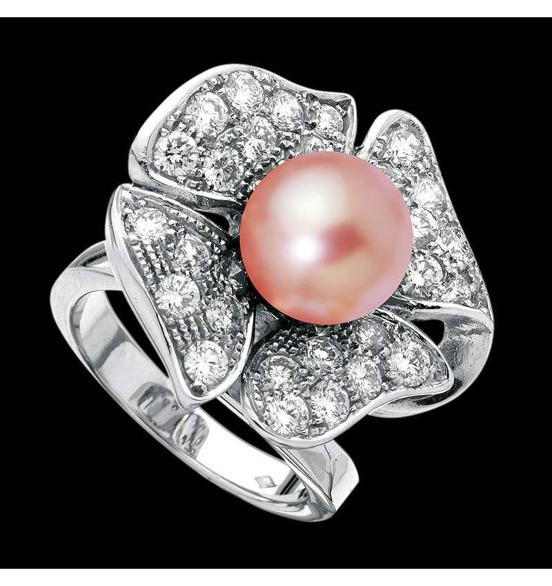 Pink Pearl Engagement Ring Diamond Paving White Gold Eternal Flower  