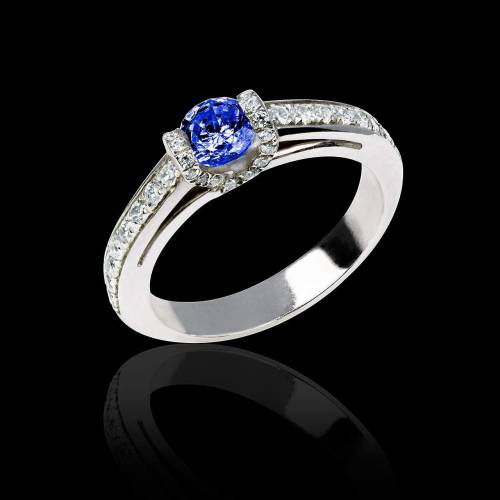 Blue sapphire engagement ring diamond paving white gold Hera