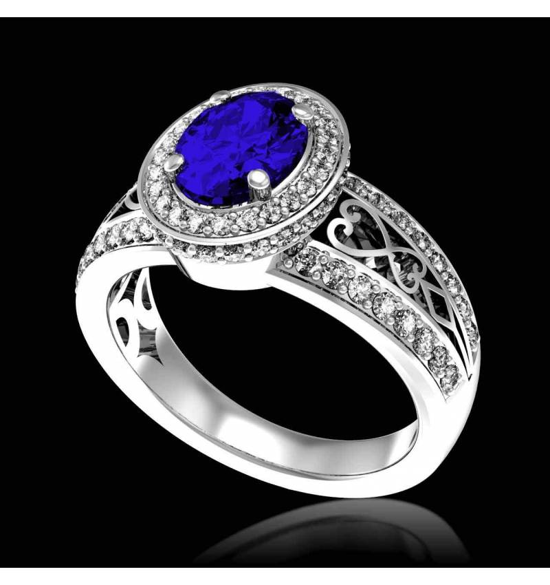 Blue Sapphire Engagement Ring Diamond Paving White Gold Tsarine