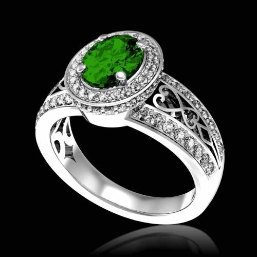 Emerald Engagement Ring Diamond Paving White Gold Tsarine