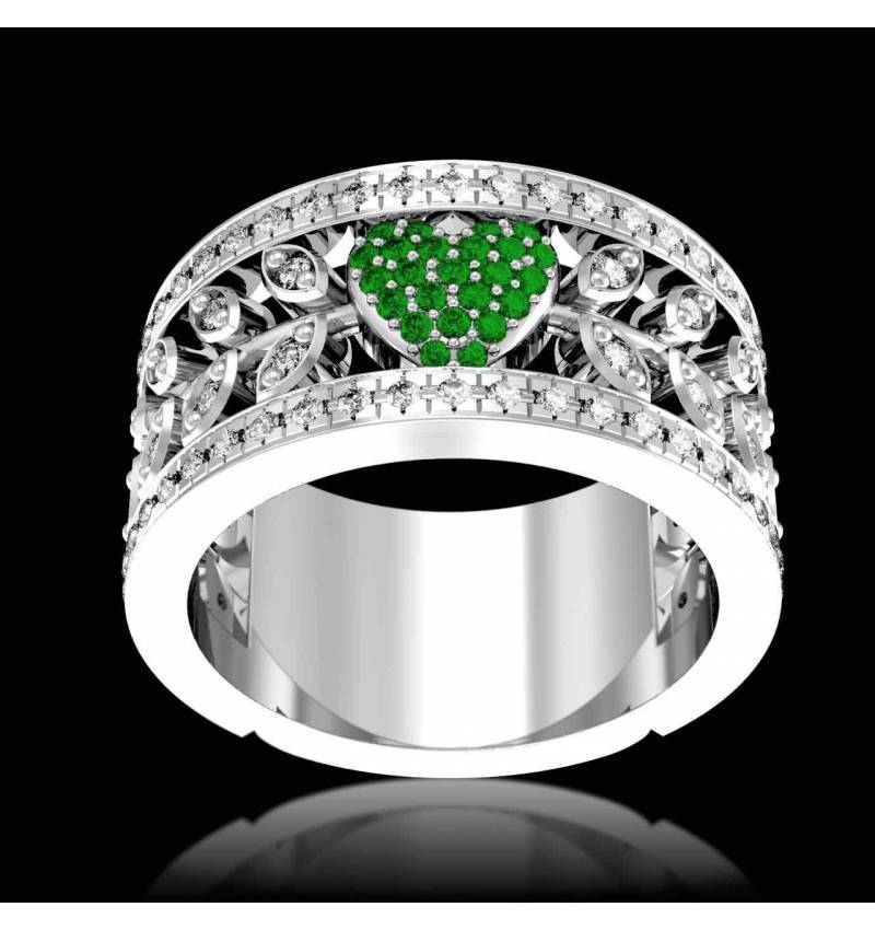 Emerald Diamond Ring Diamond Paving White Gold Flowers of Love 