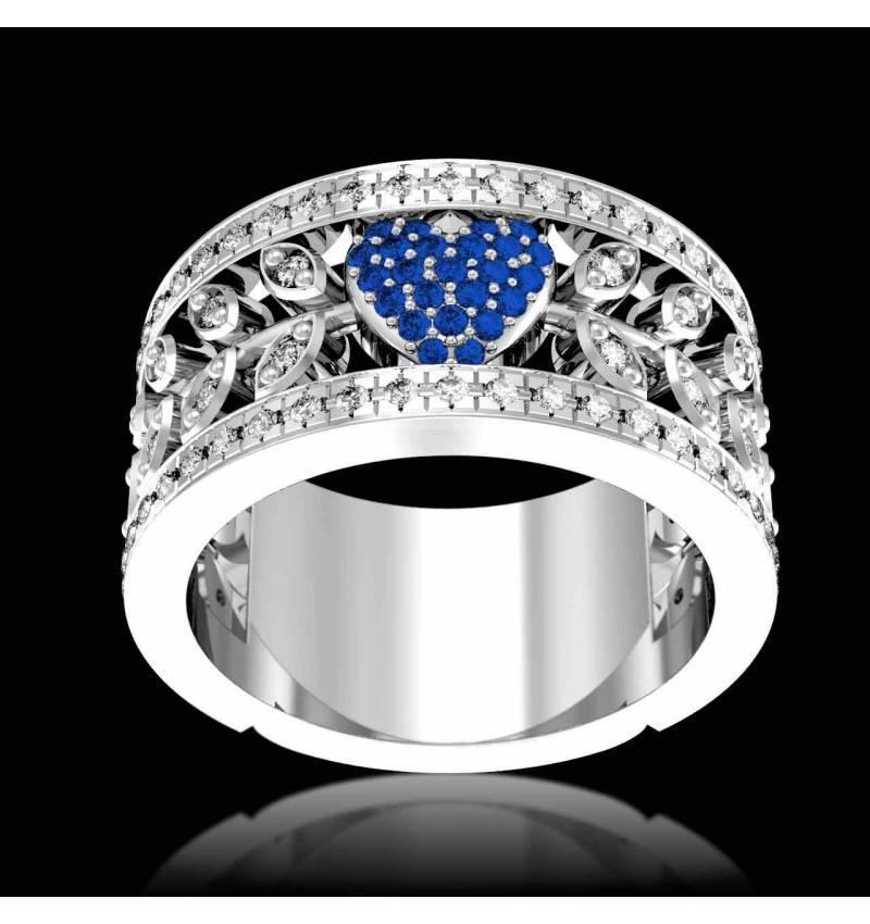 Blue Sapphire Engagement Ring Diamond Paving White Gold Flowers of Love 