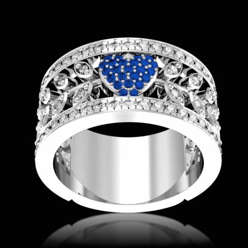 Blue Sapphire Engagement Ring Diamond Paving White Gold Flowers of Love 