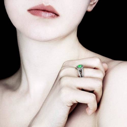 Emerald Engagement Ring Diamond Paving White Gold Tsarine