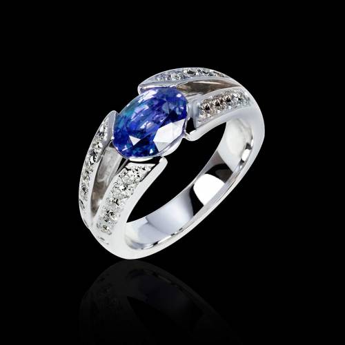 Blue Sapphire Engagement Ring Diamond Paving White Gold Isabelle  