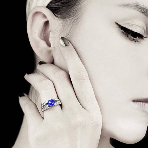 Blue Sapphire Engagement Ring Diamond Paving White Gold Isabelle  
