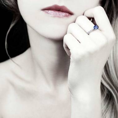 Blue Sapphire Engagement Ring Diamond Paving White Gold Angela 