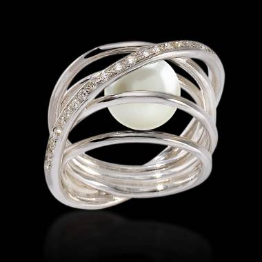 White Pearl Engagement Ring Diamond Paving White Gold Cache Cache 