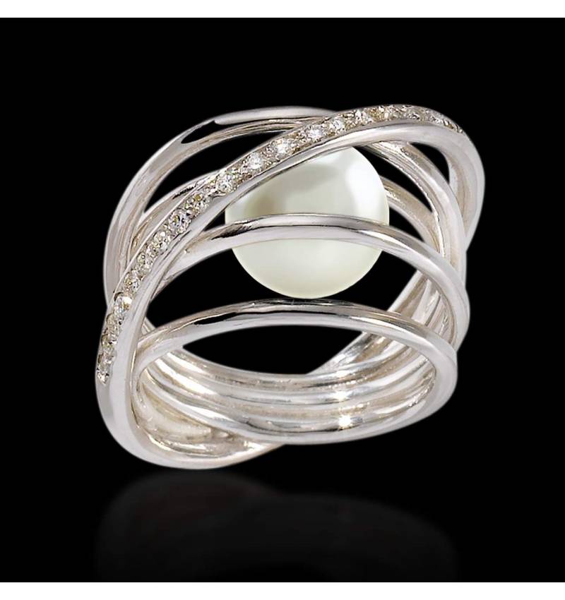 White Pearl Engagement Ring Diamond Paving White Gold Cache Cache 