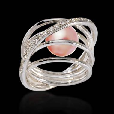 Pink Pearl Engagement Ring Diamond Paving White Gold Cache Cache 