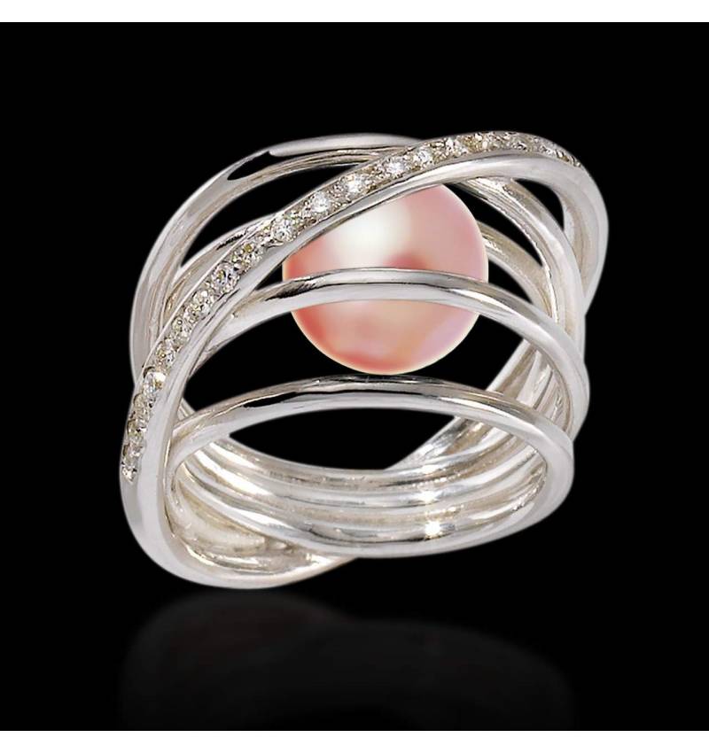 Pink Pearl Engagement Ring Diamond Paving White Gold Cache Cache 